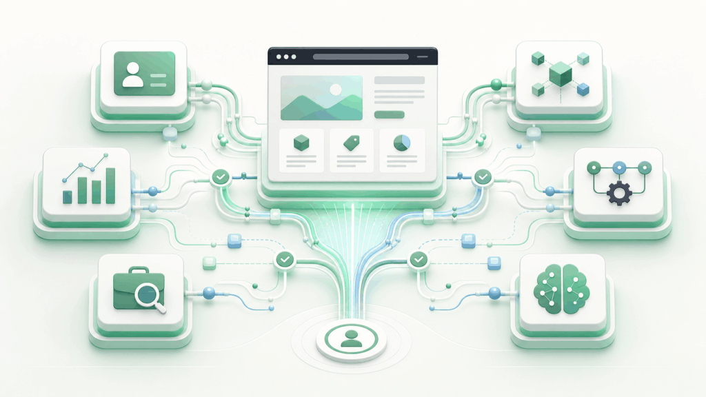 Connected website systems linking content, CRM, analytics, automation and AI