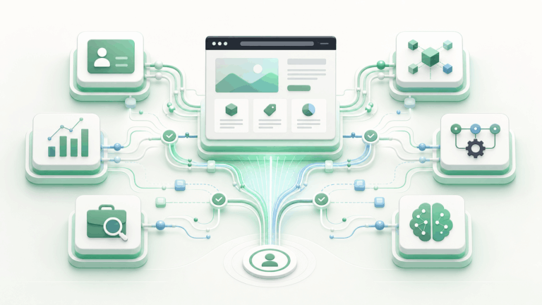 Connected website systems linking content, CRM, analytics, automation and AI
