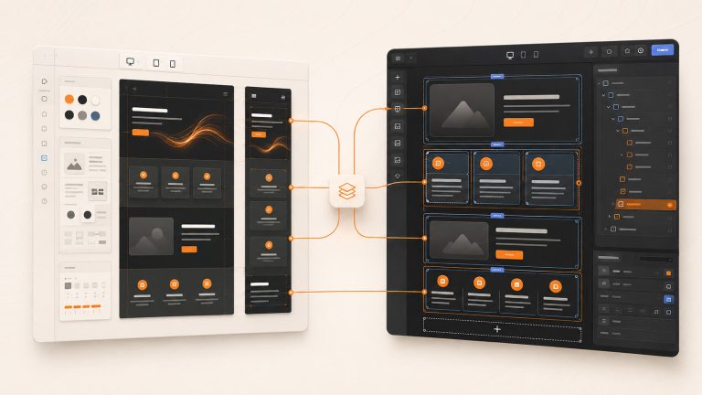 Abstract Figma-style design canvas connected to a native editable website builder interface