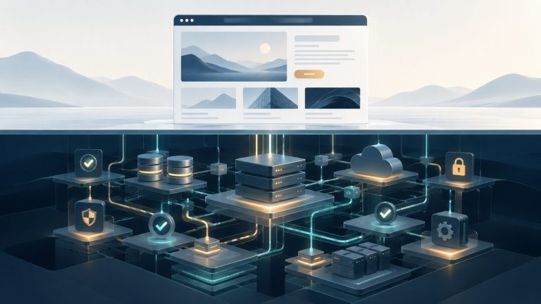 A polished website above the surface, supported by connected security, hosting, and operating systems below it