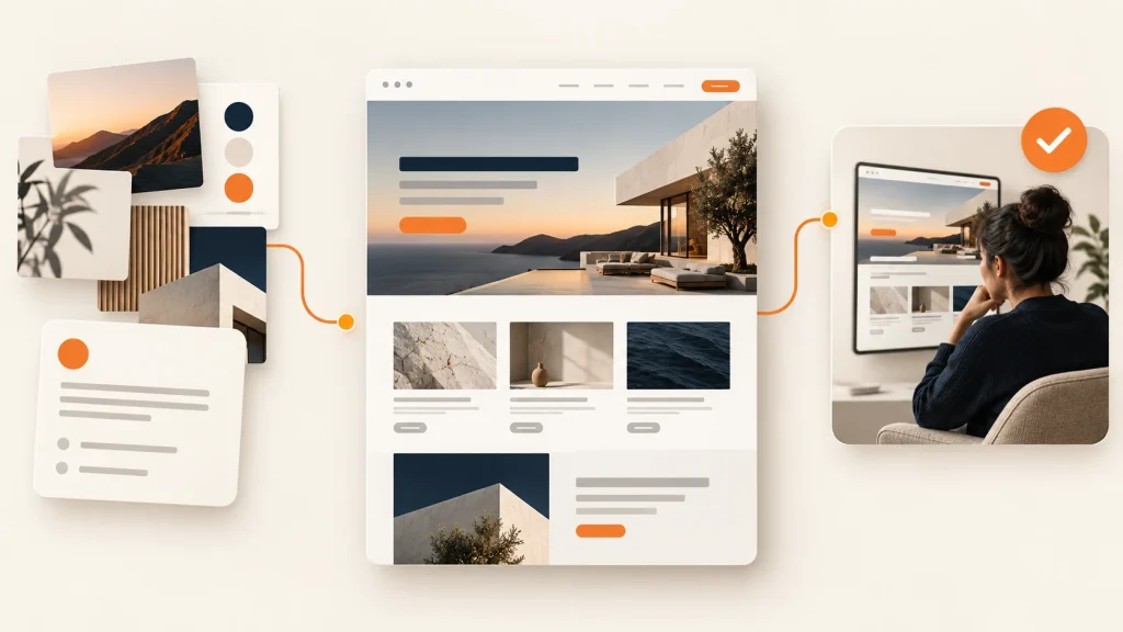 A website team reviewing a page, with design references and connected tools supporting the work.