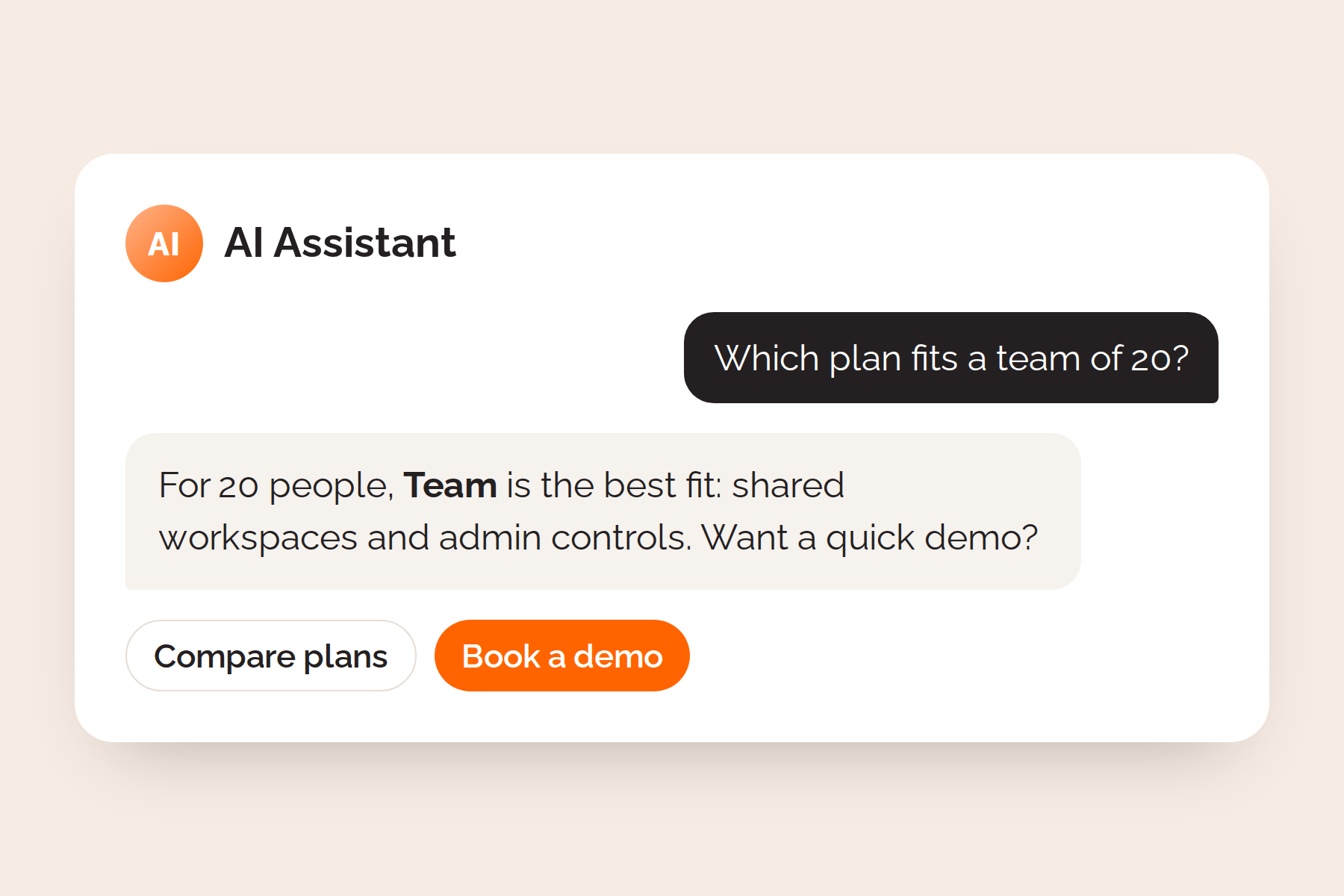 AI assistant answering a visitor question about plans