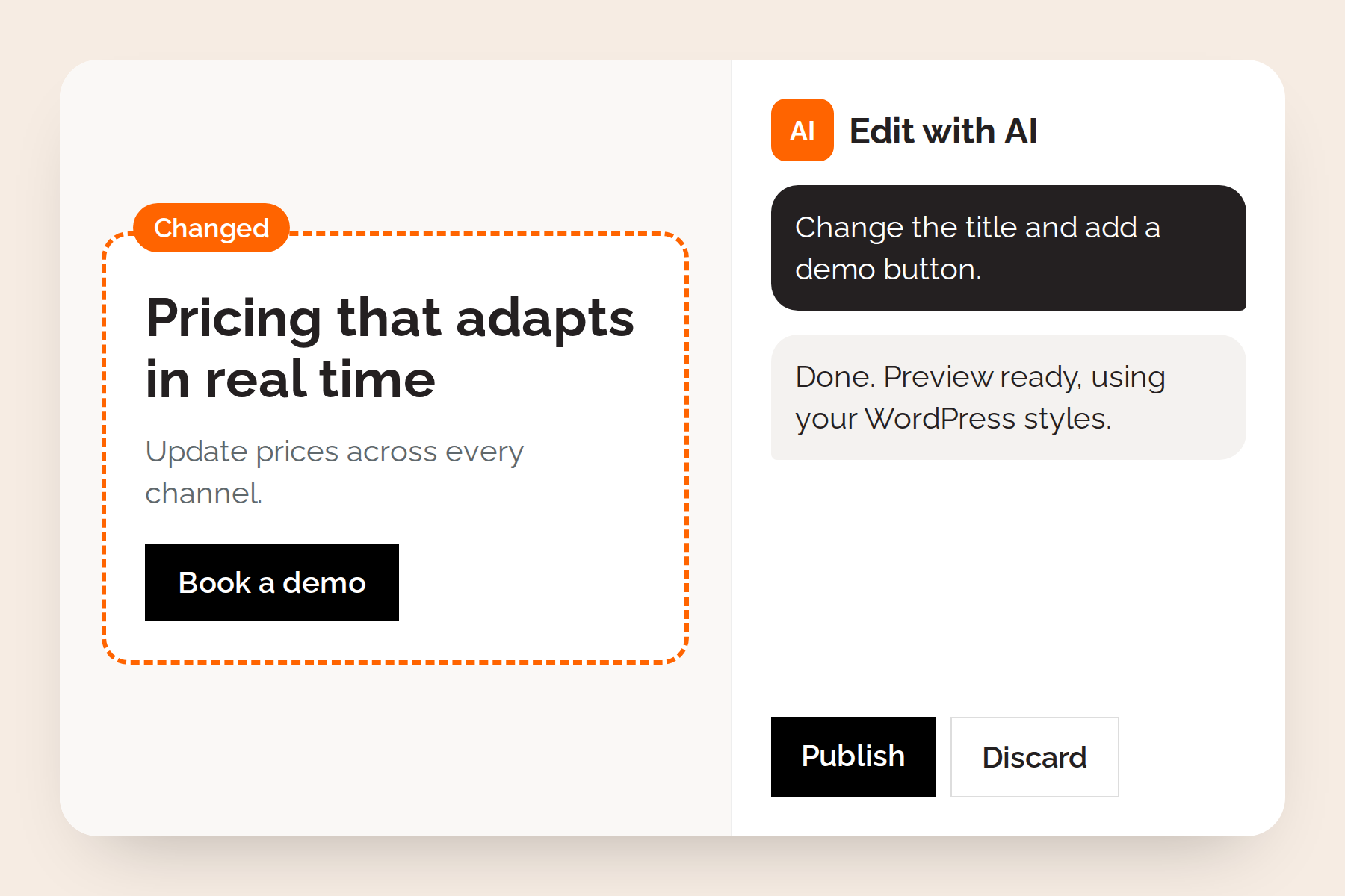 Editing a WordPress page with AI and previewing the change